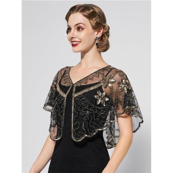 Accessories - Women's Shawl Wraps, Sequin Flapper Evening Shawls Black Gold